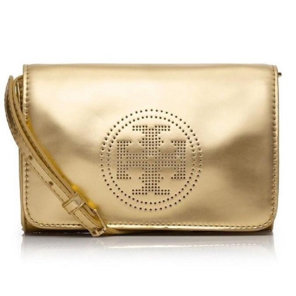 Tory Burch Logo Clutch Metallic Perforated Gold Leather Cross Body Bag.